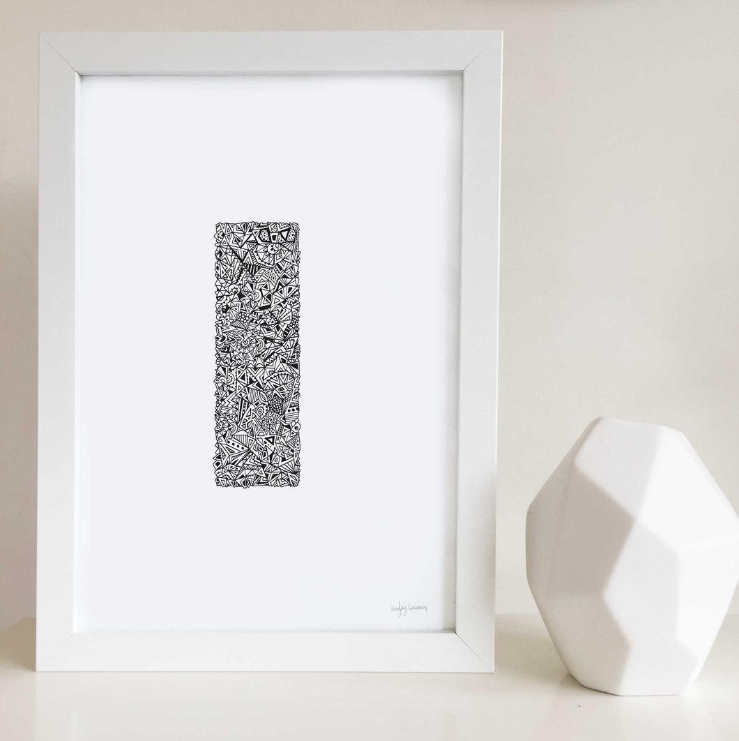 letter I artwork for nursery or kids bedroom drawn by Hayley Lauren Design