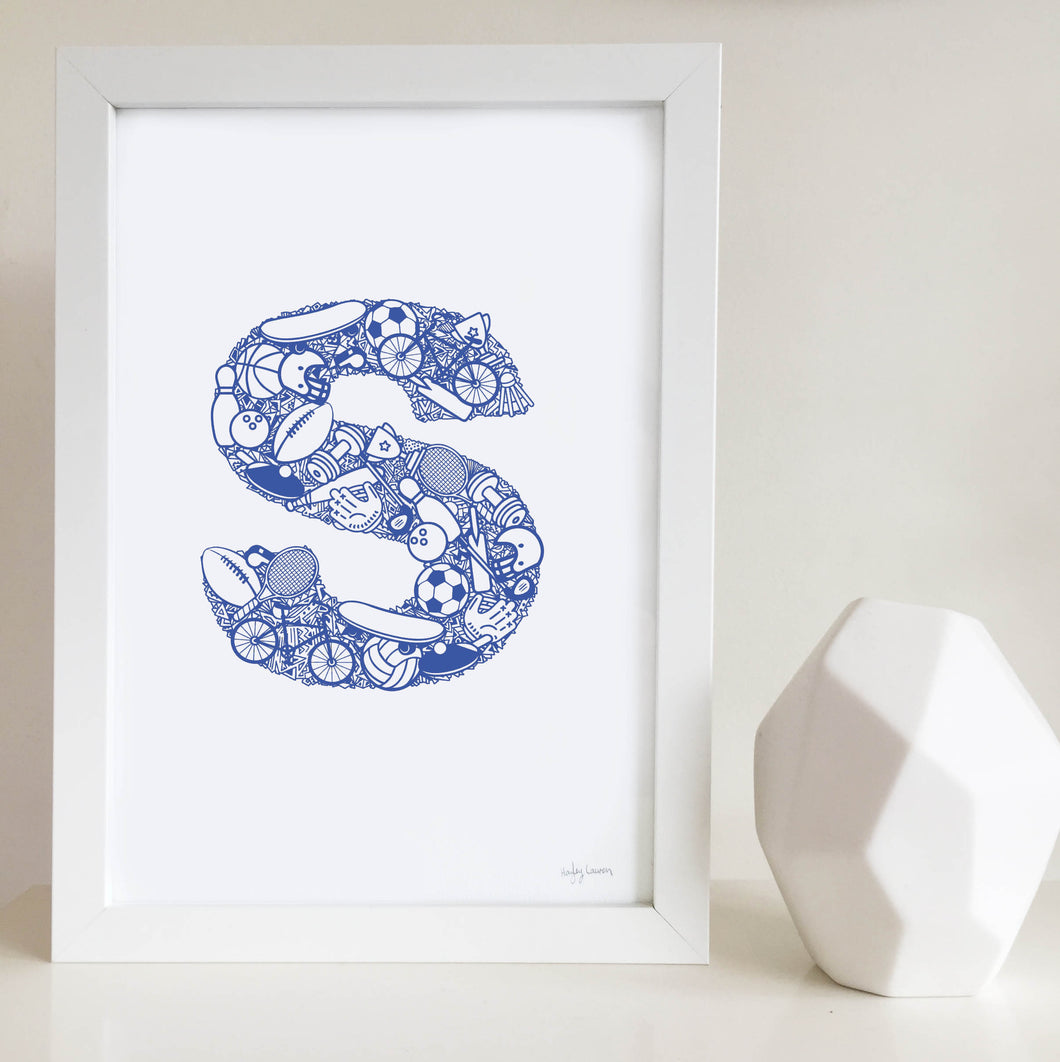The Sporty letter 'S' artwork was illustrated by Hayley Lauren in Melbourne, Australia. It is the perfect artwork for a child's room that loves sports!
