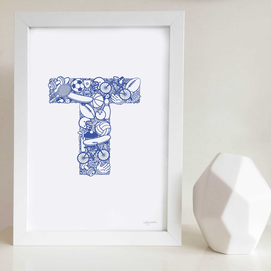 The Sporty letter 'T' artwork was illustrated by Hayley Lauren in Melbourne, Australia. It is the perfect artwork for a child's room that loves sports!