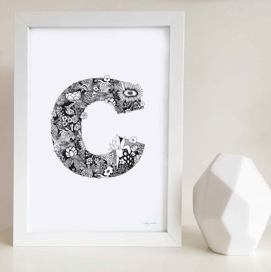 The floral letter C artwork was illustrated by Hayley Lauren in Melbourne, Australia. It is the perfect artwork to personalise a nursery or kids bedroom.