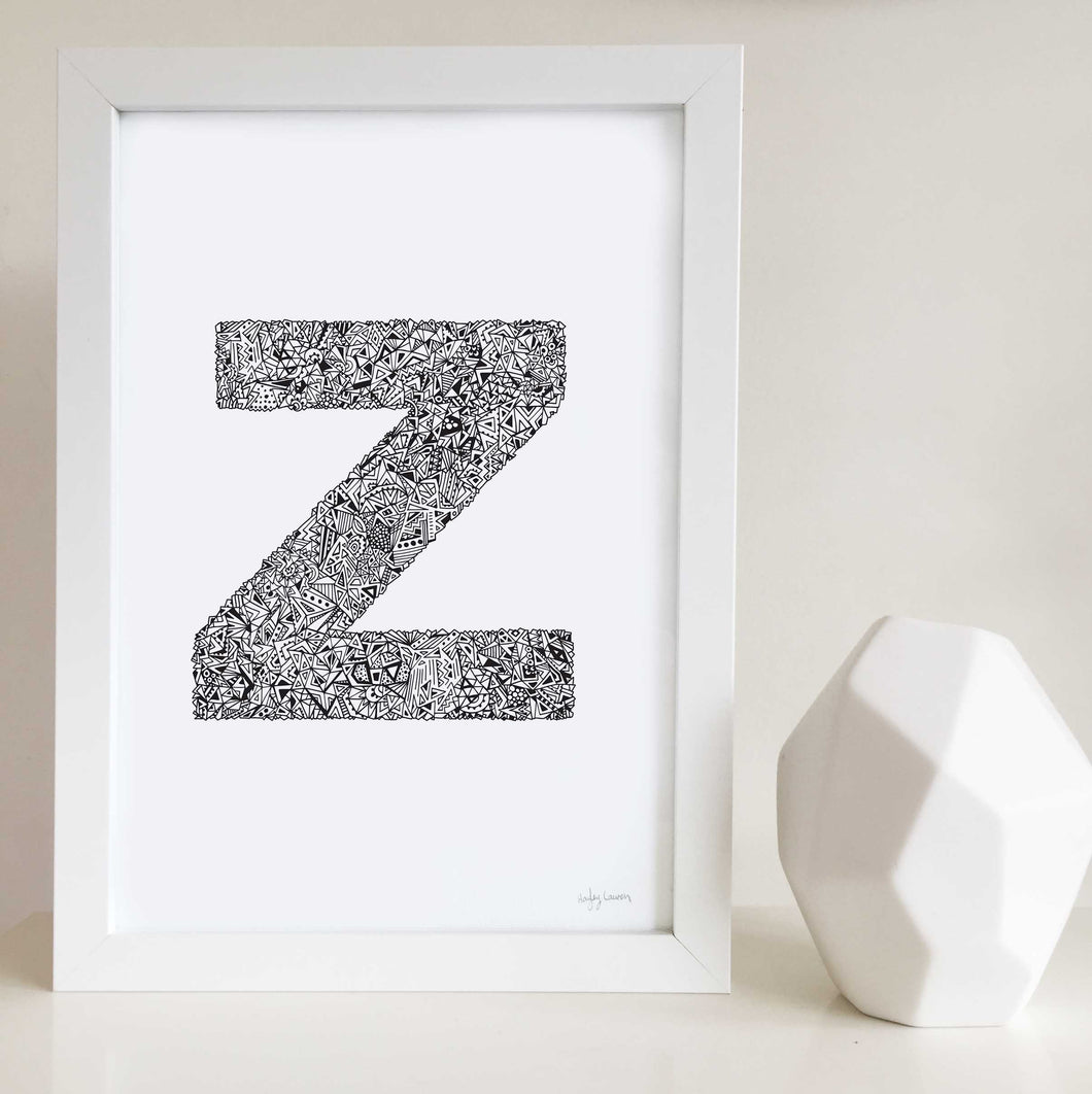 Letter Z artwork illustrated by Hayley Lauren Design for nurseries and kids bedrooms