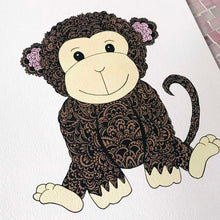 cute coloured monkey nursery zentangle art prints for baby room, toddler, kids room, shared playroom by Hayley Lauren Design
