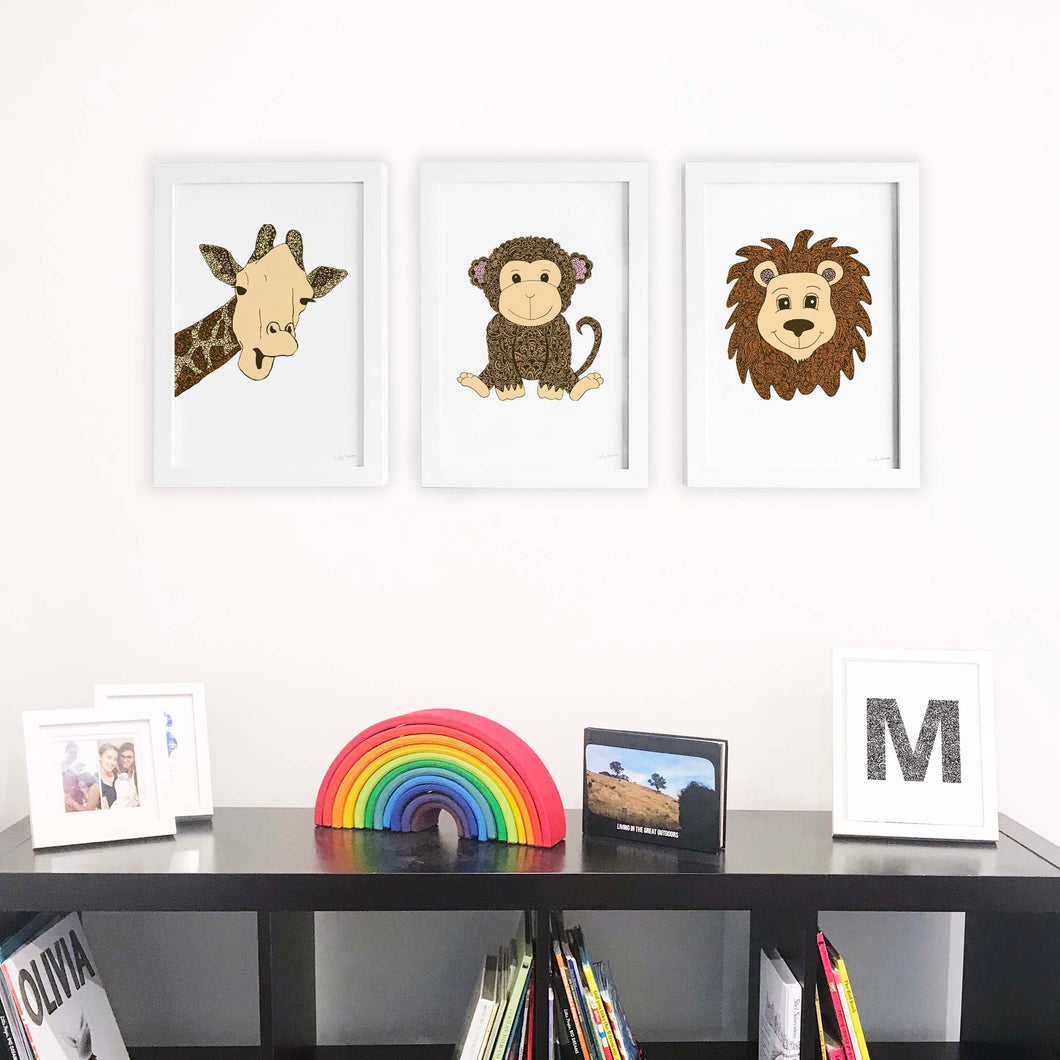 cute coloured jungle nursery zentangle art prints for baby room, toddler, kids room, shared playroom by Hayley Lauren Design