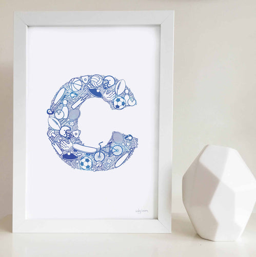 The Sporty letter 'C' artwork was illustrated by Hayley Lauren in Melbourne, Australia. It is the perfect artwork for a kids room that loves sports!