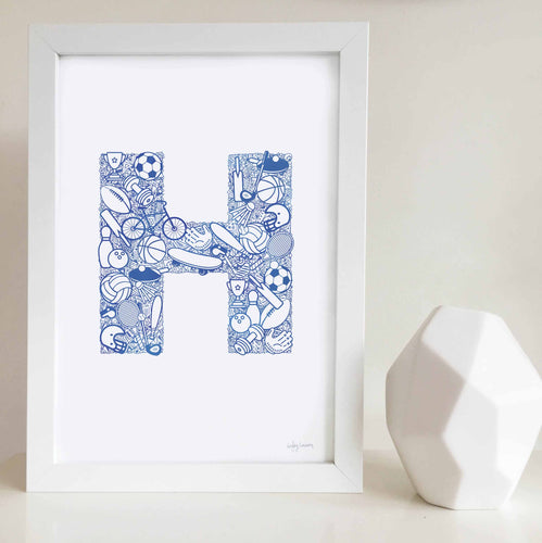 The Sporty letter 'H' artwork was illustrated by Hayley Lauren in Melbourne, Australia. It is the perfect artwork for a child's room that loves sports!
