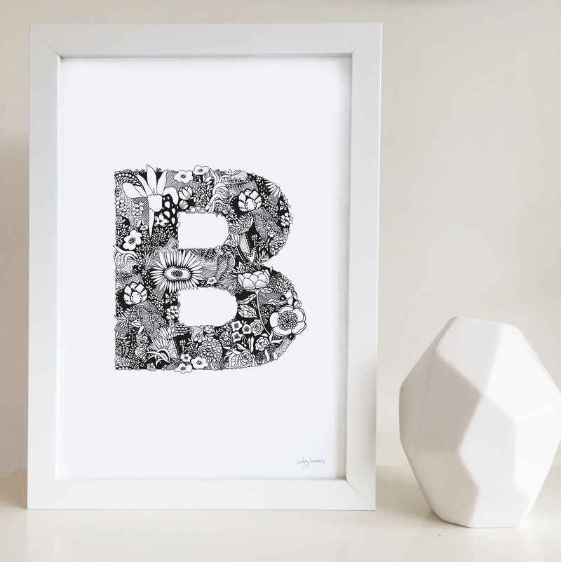 Floral Letter B, Buttercup, Floral Letter Series, Pen & Ink Wall Art Print  8x10 