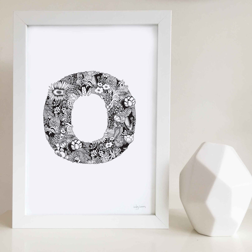 The floral letter 'O' artwork was illustrated by Hayley Lauren in Melbourne, Australia. It is the perfect artwork to personalise a nursery or kids bedroom. 