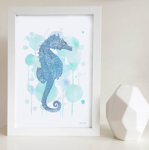 seahorse blue water colour zentangle illustration unisex artwork for nursery or kids bedroom australia
