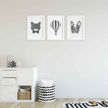 cat hot air balloon french bulldog cute zentangle black and white art print illustrations for baby room, toddler, kids bedroom shared unisex playroom by hayley lauren design free shipping australia wide 