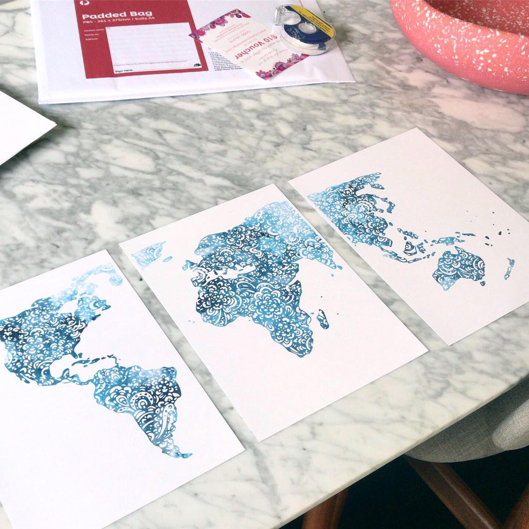 world map triptych in blue designed for the avid traveller free shipping australia wide. The perfect give to give someone that loves to travel designed by Hayley Lauren in Melbourne, Australia. 