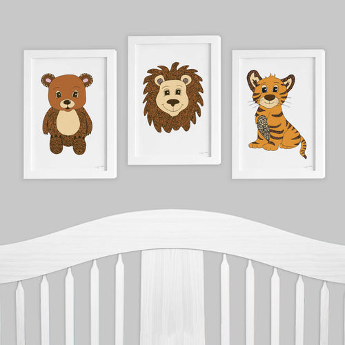 Lion Tiger Bear Set of 3 nursery kids room prints