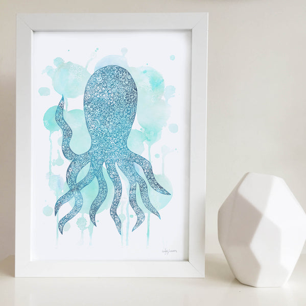 octopus blue water colour zentangle art print for nursery, baby, toddler, kids room and play room beach house by Hayley Lauren Design Free shipping Australia Wide