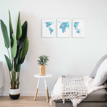 world map triptych in blue designed for the avid traveller free shipping australia wide. The perfect give to give someone that loves to travel designed by Hayley Lauren in Melbourne, Australia. 